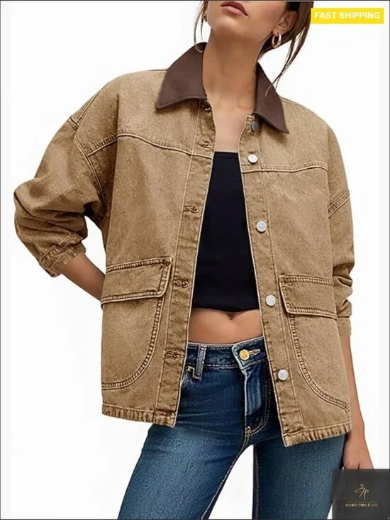 Oversized Denim Jacket Casual Contrast Canvas Collar Button Down Streetwear - Picture 1 of 6